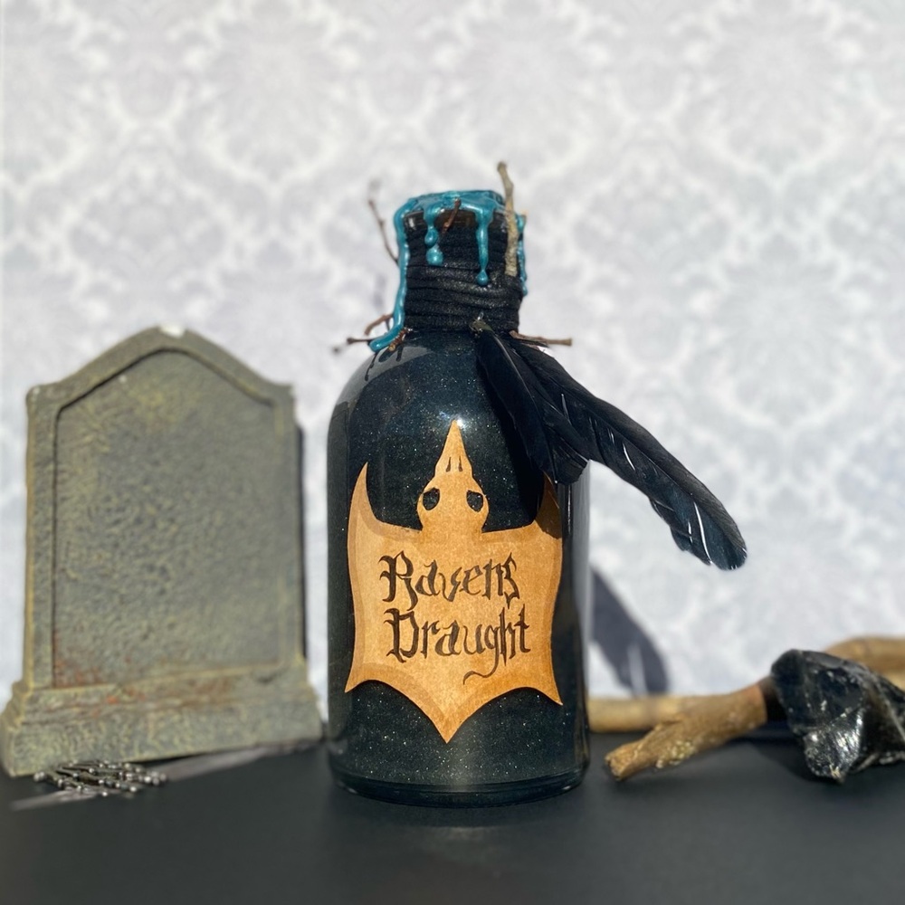 Raven’s Draught—Gothic Fantasy Potion Bottle | Dark Collectible, DnD Prop
